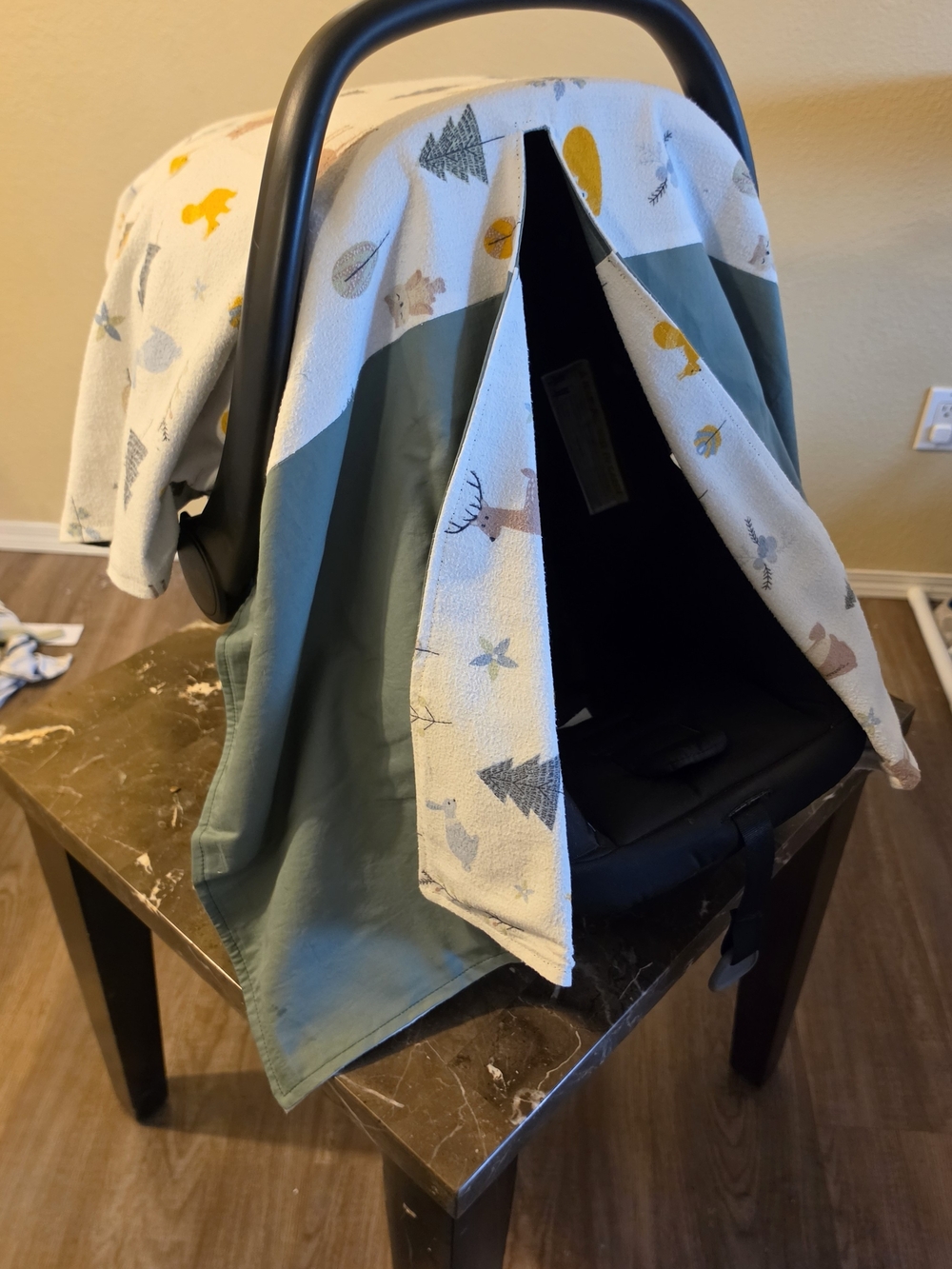 Kids Car Seat Cover - Green and Cream Hooded Cover